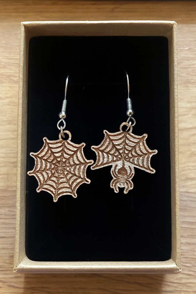 Wooden Spider & Web Earrings