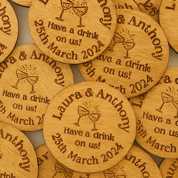 100 Wooden drinks tokens for weddings or parties