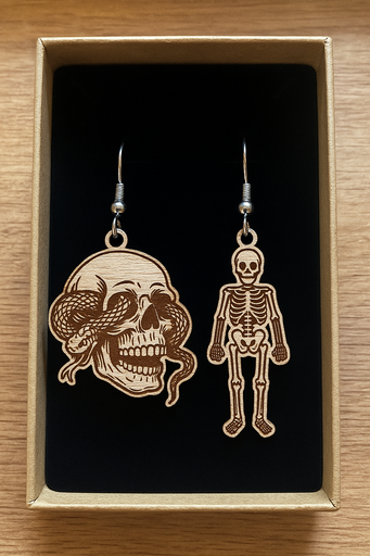 Wooden Skull & Skeleton Earrings – Serpent’s Gaze 
