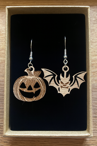 Wooden Bat & Pumpkin Earrings